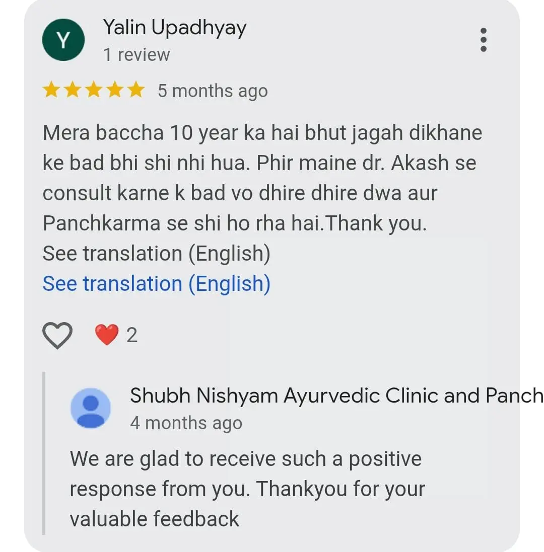 Google review testimonial from Yalin Upadhyay for Shubh Nishyam Ayurved