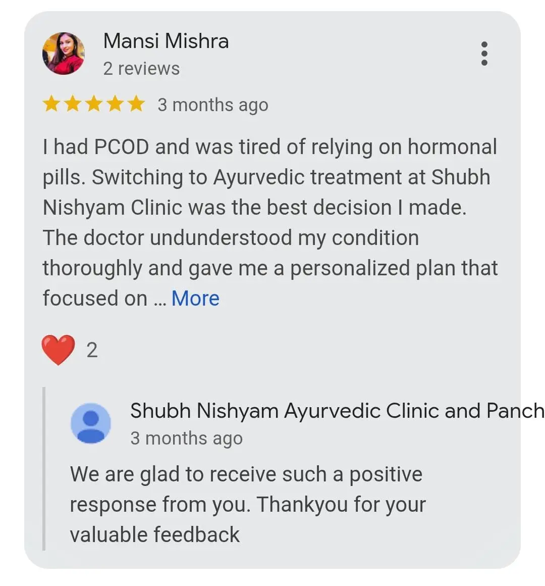 Positive Google review for Shubh Nishyam Ayurved
